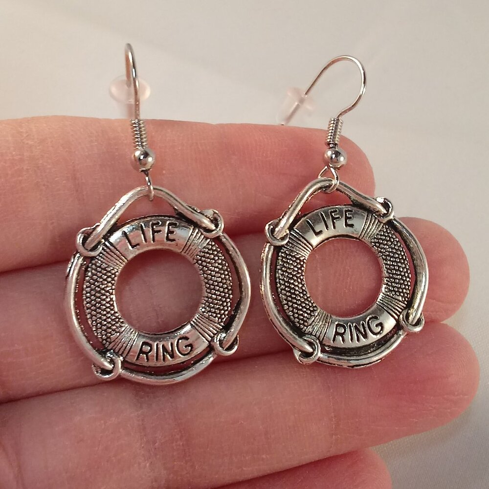 Silver Nautical Boat Lifesaver Life Preserver Dangle Earrings Gorgeous Gift - Picture 1 of 3